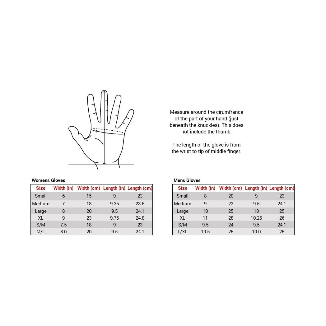 Glove size chart with hand outline diagram and womens/mens measurements