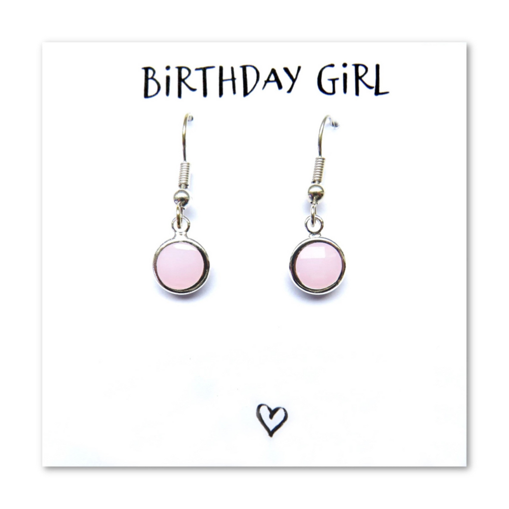 Birthday Girl card featuring two pink round drop earrings with silver hooks