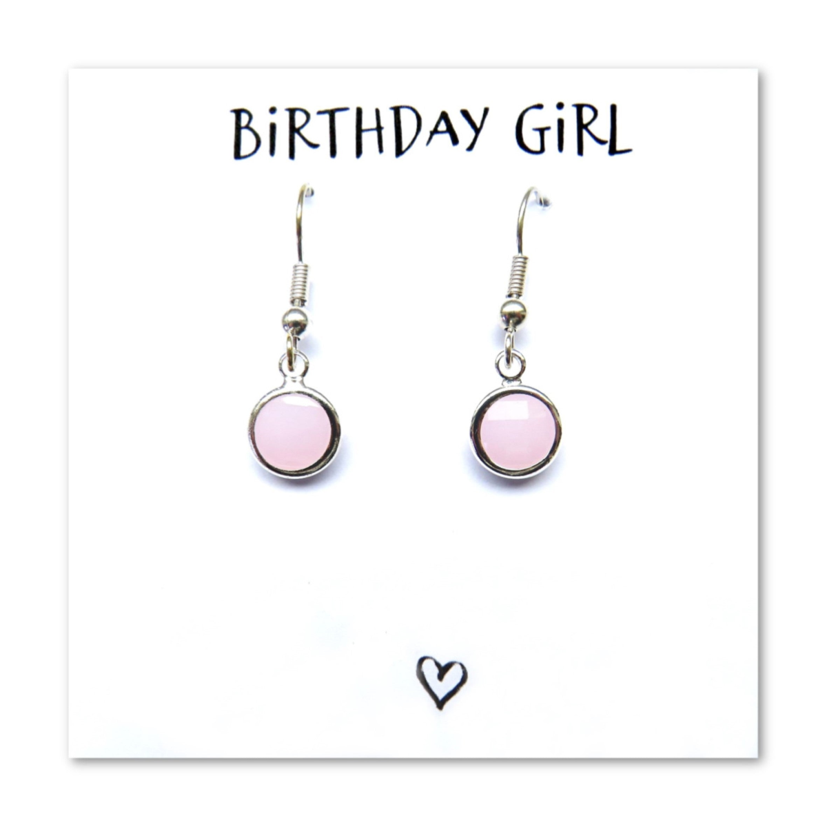 Birthday Girl card featuring two pink round drop earrings with silver hooks
