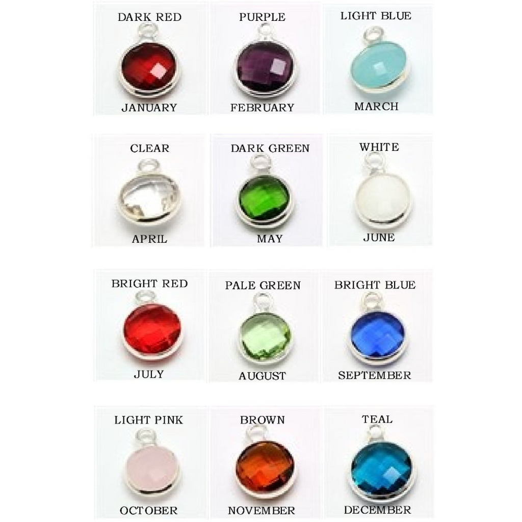 Birthstone color chart showing pendant stones by month names and colors