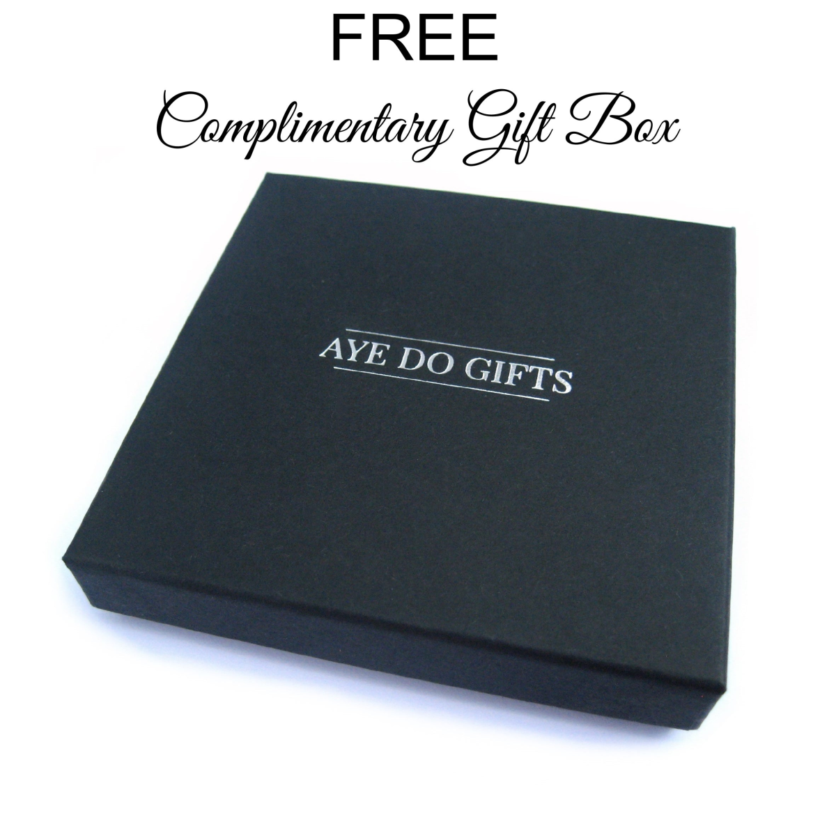 Dark gift box with “FREE Complimentary Gift Box” text