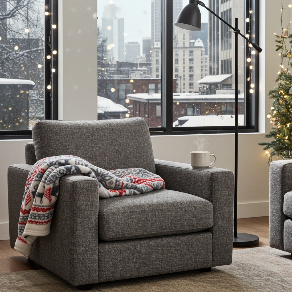 Gray oversized fleece blanket hoodie with red-white-blue patterned hood draped on sofa arm