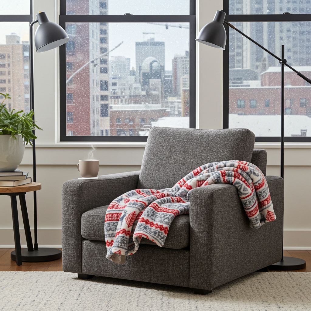 Gray oversized fleece blanket hoodie with red-white-blue patterned hood draped across sofa seat