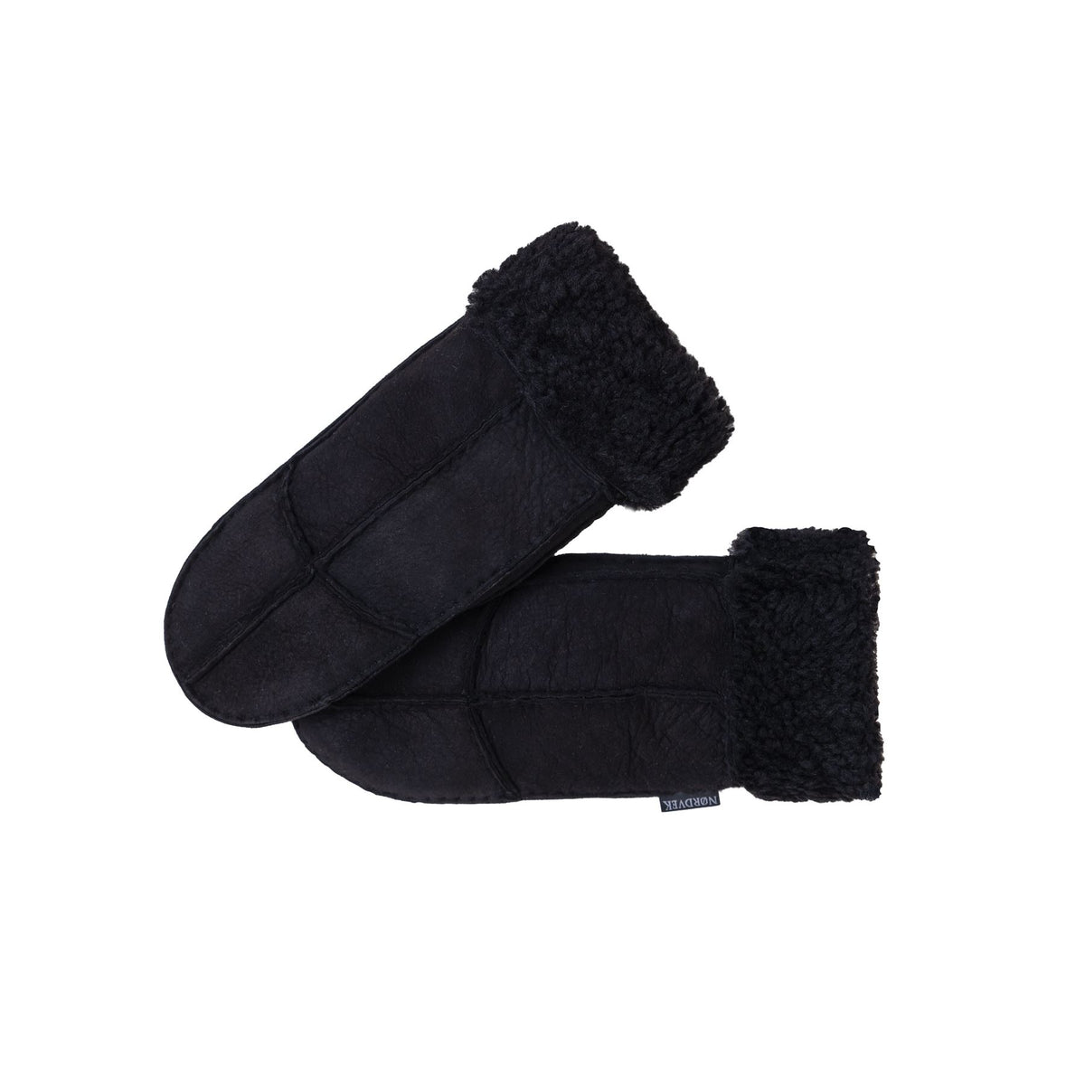 Women’s sheepskin mittens with black suede shell and black fuzzy turnover cuff