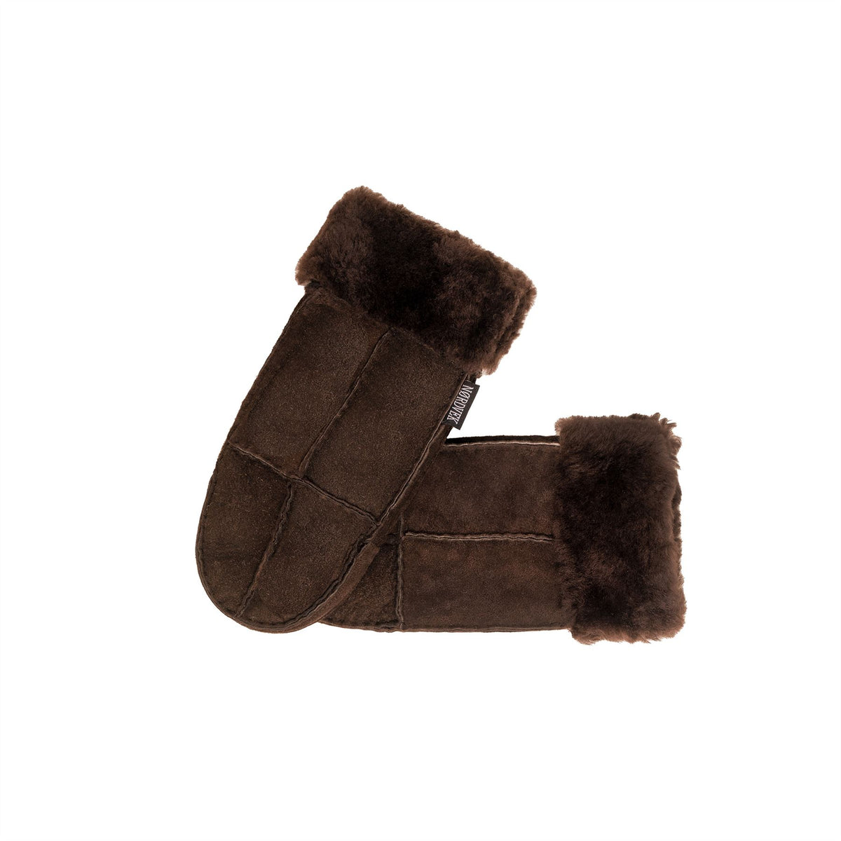 Women’s sheepskin mittens with deep brown suede shell and dark brown fuzzy turnover cuff