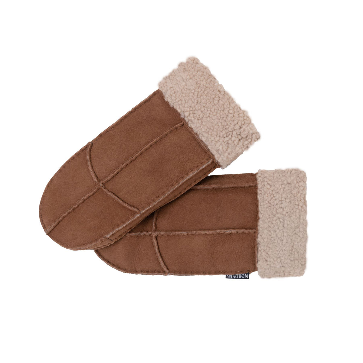 Women’s sheepskin mittens with medium brown suede shell and cream fuzzy turnover cuff