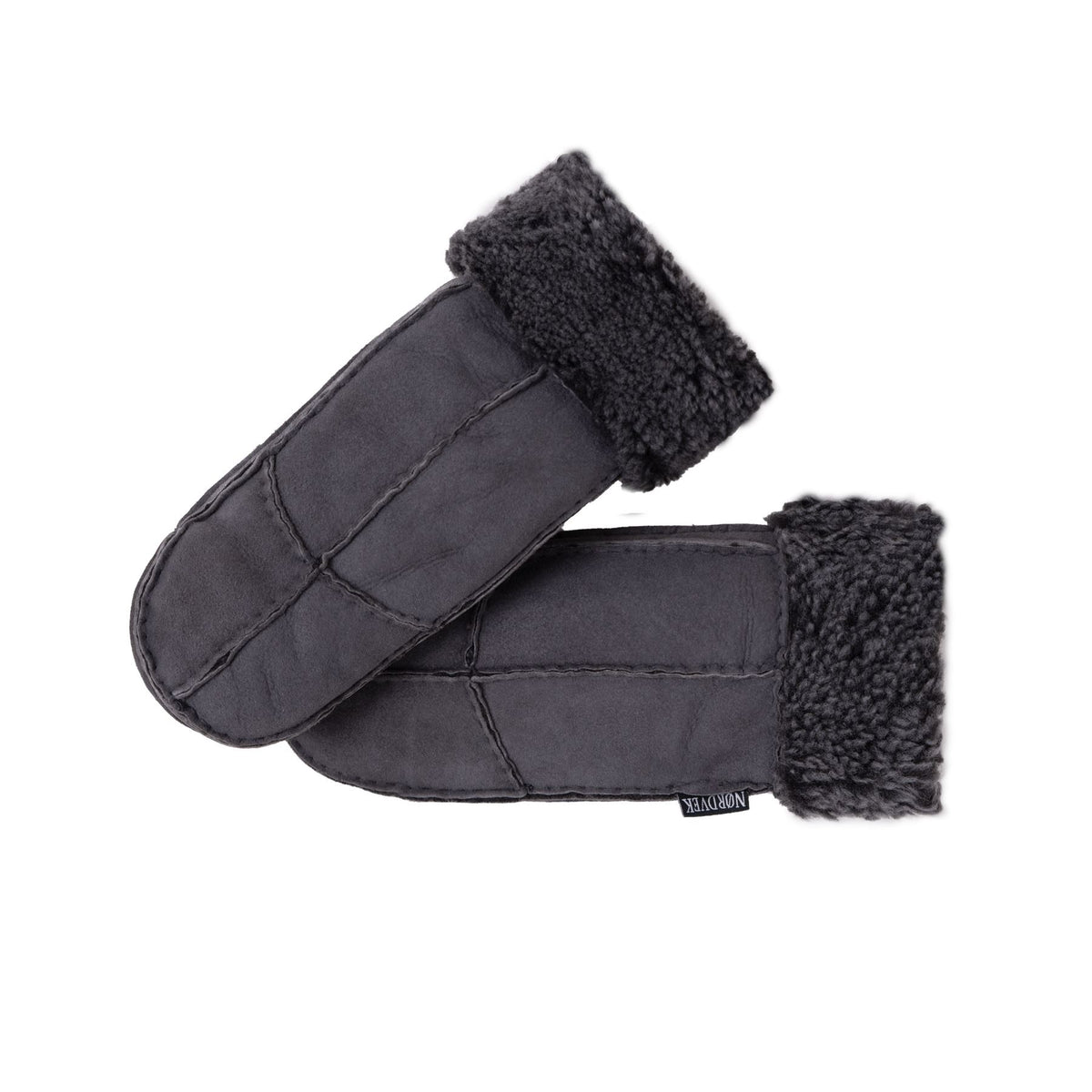 Women’s sheepskin mittens with charcoal gray suede shell and black fuzzy turnover cuff