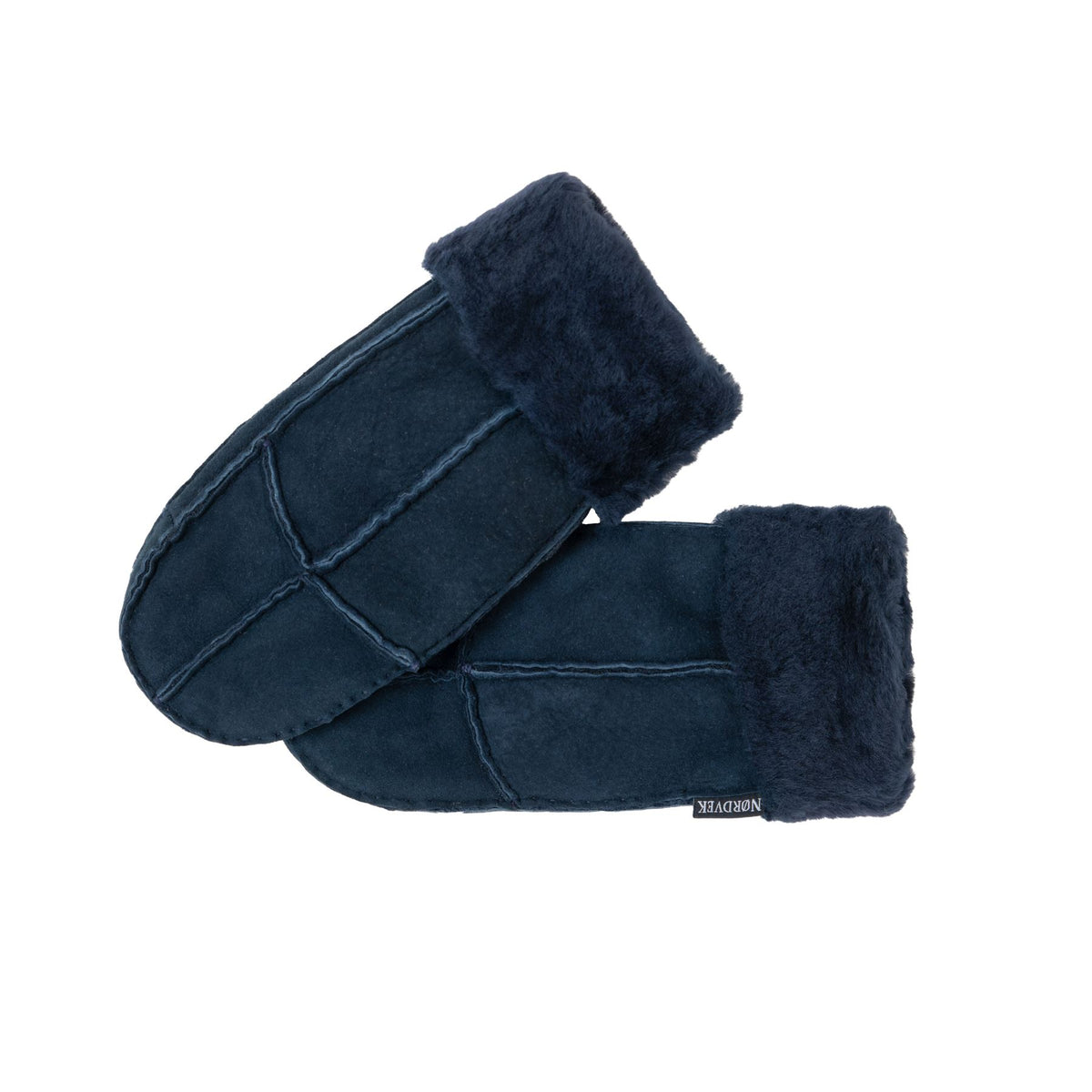 Women’s sheepskin mittens with dark navy suede shell and navy fuzzy turnover cuff