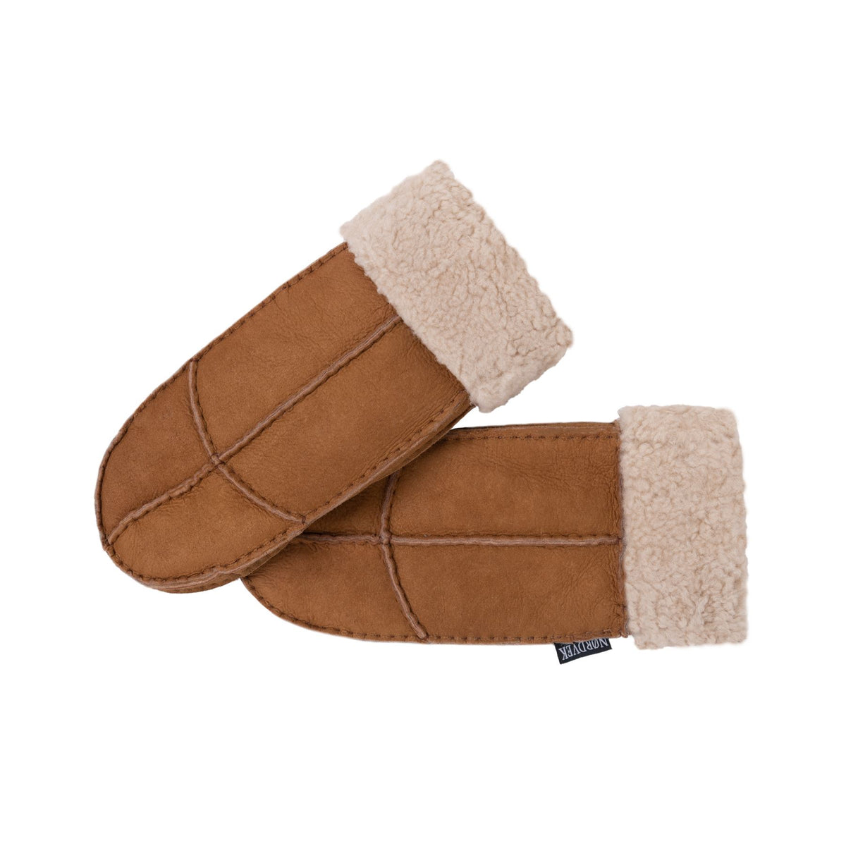 Women’s sheepskin mittens with brown suede shell and light beige fuzzy turnover cuff