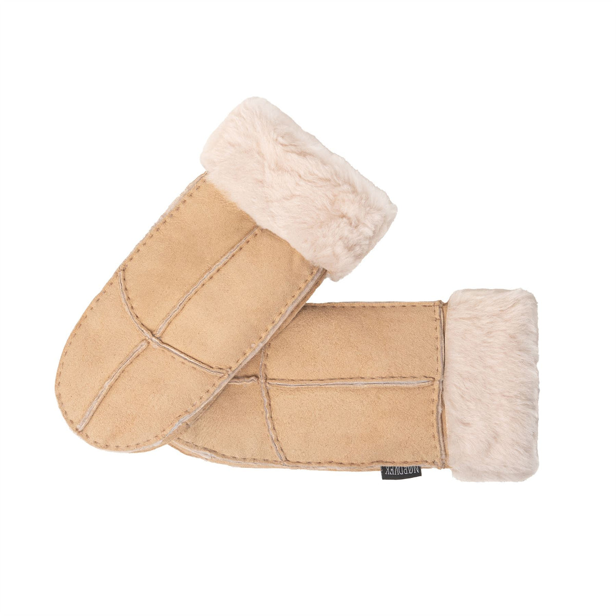 Women’s sheepskin mittens with tan suede shell and cream fuzzy turnover cuff