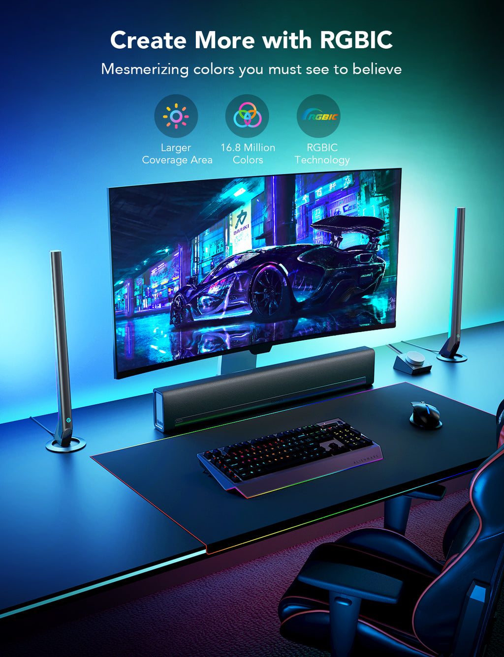 RGBIC gaming light bars on stands illuminating a gaming desk setup.