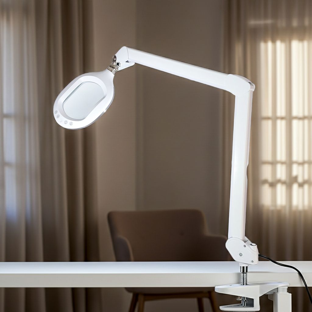 White LED desk clamp magnifier with wide lens and adjustable arm
