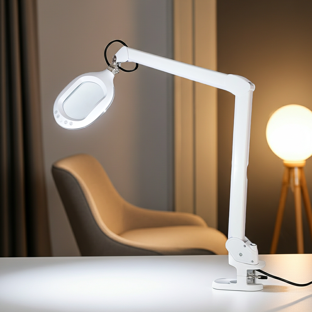 White LED desk clamp magnifier with wide lens head and adjustable arm
