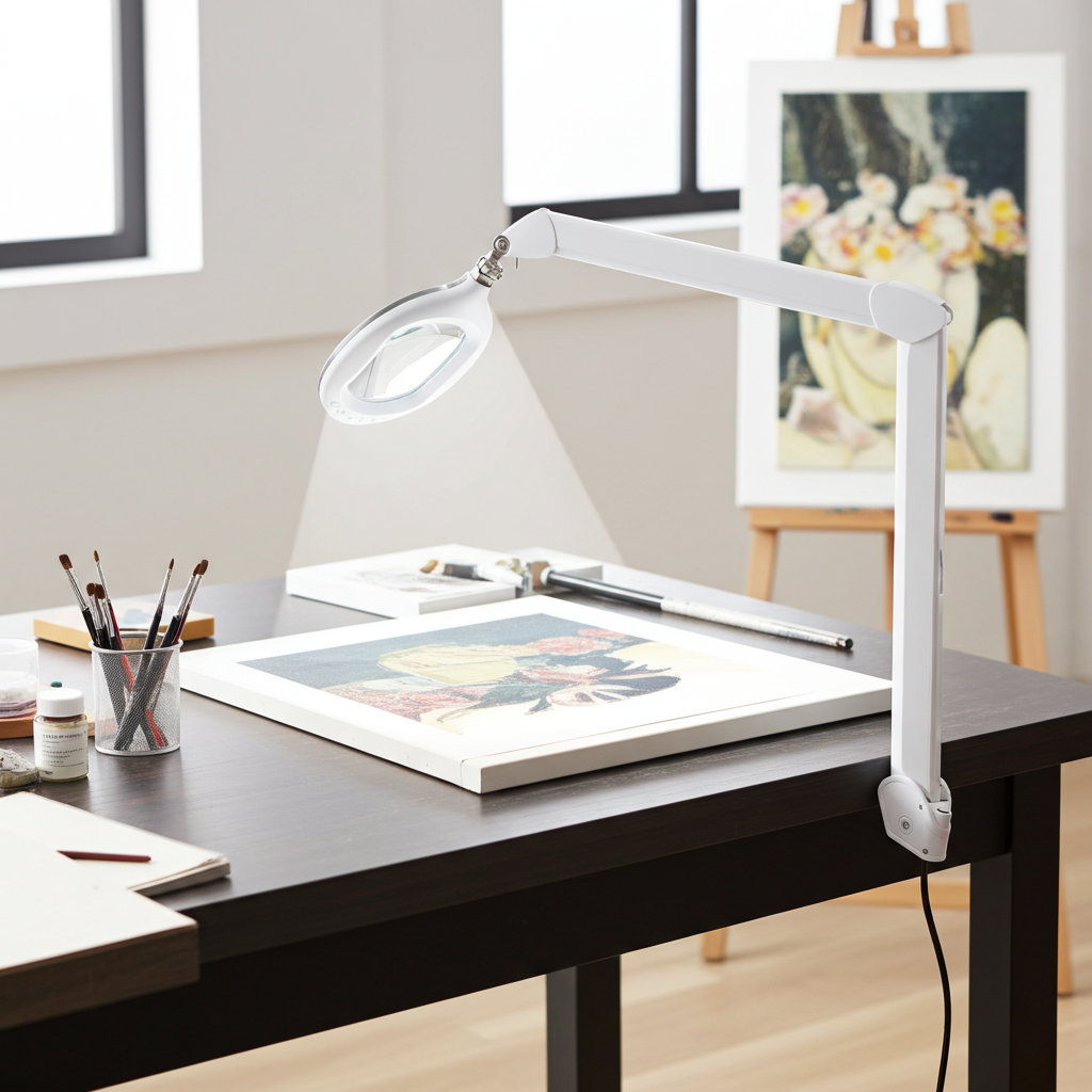 LED desk clamp magnifier with wide lens over a flat tabletop