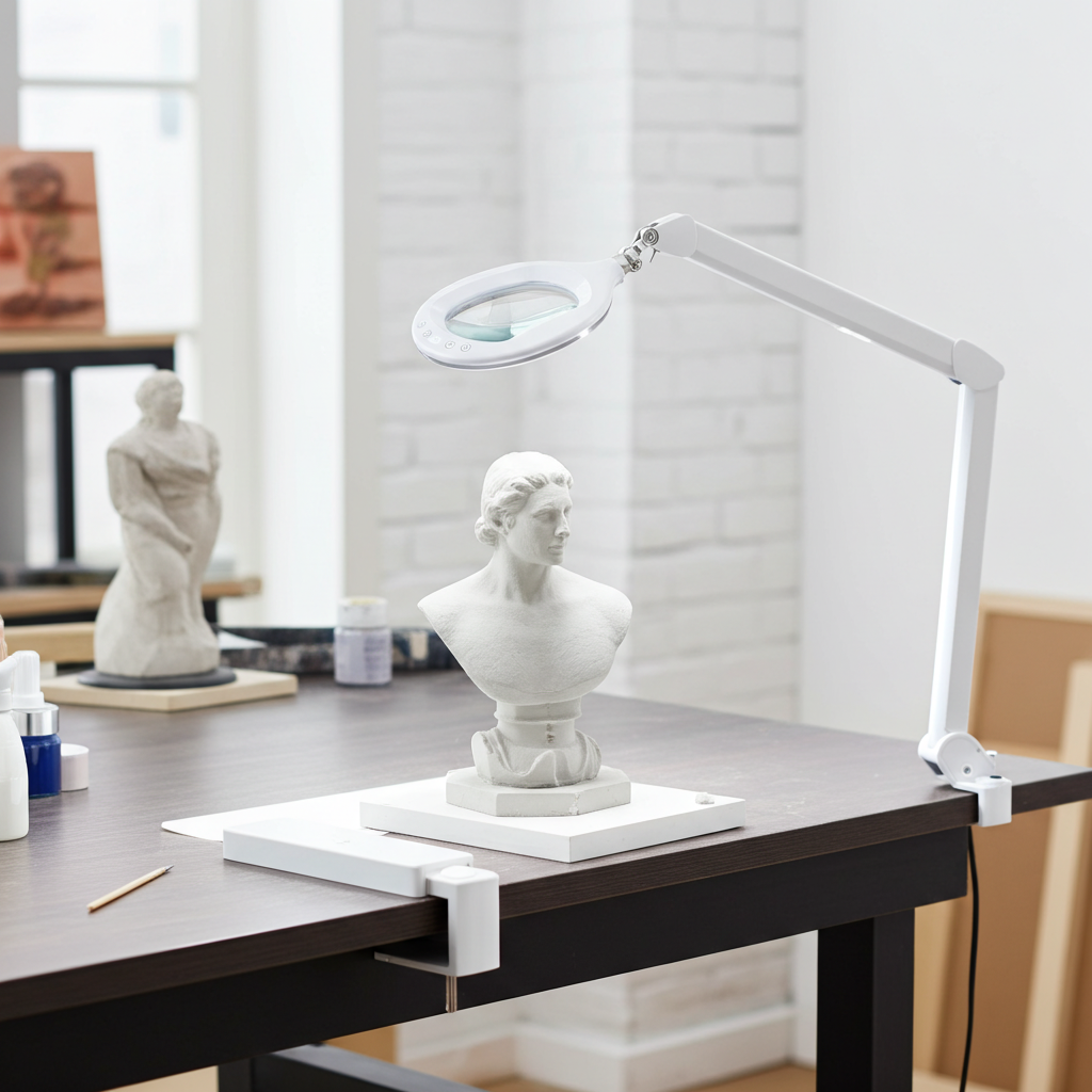 LED desk clamp magnifier with wide lens over a sculpting bust