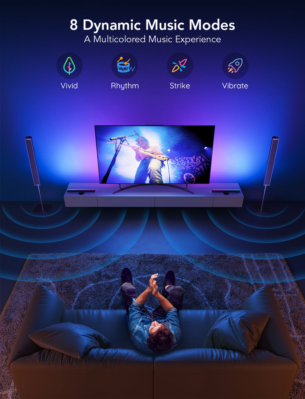 Two RGBIC TV light bars with dynamic colored lighting around a TV on a media console.