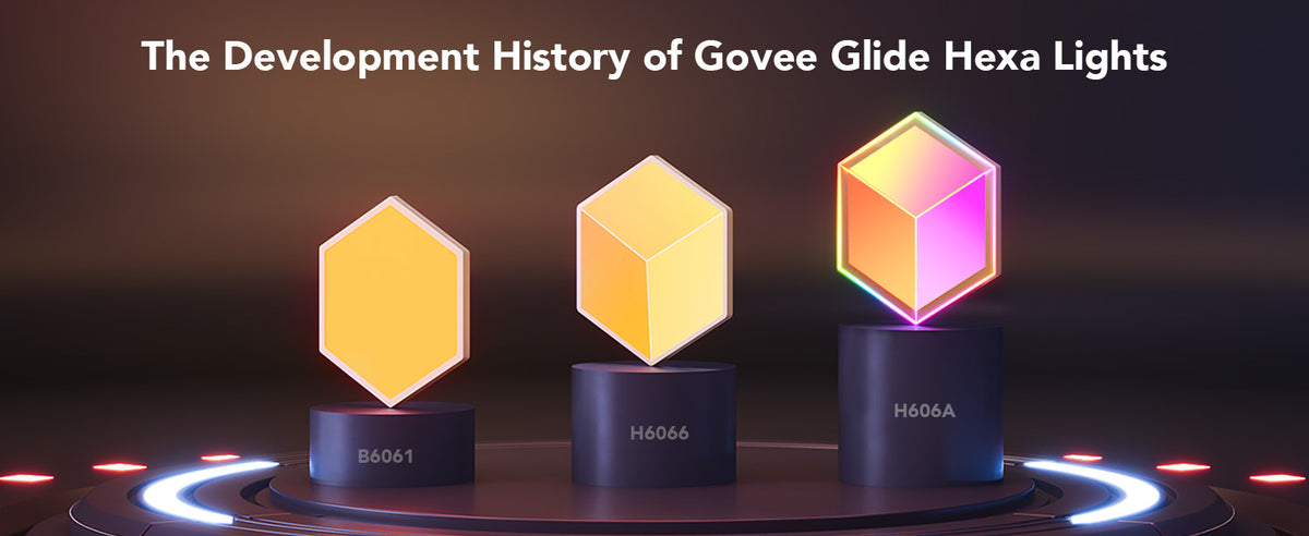 Hexagon LED panel prototypes showing cube-like RGB light colors on display stands