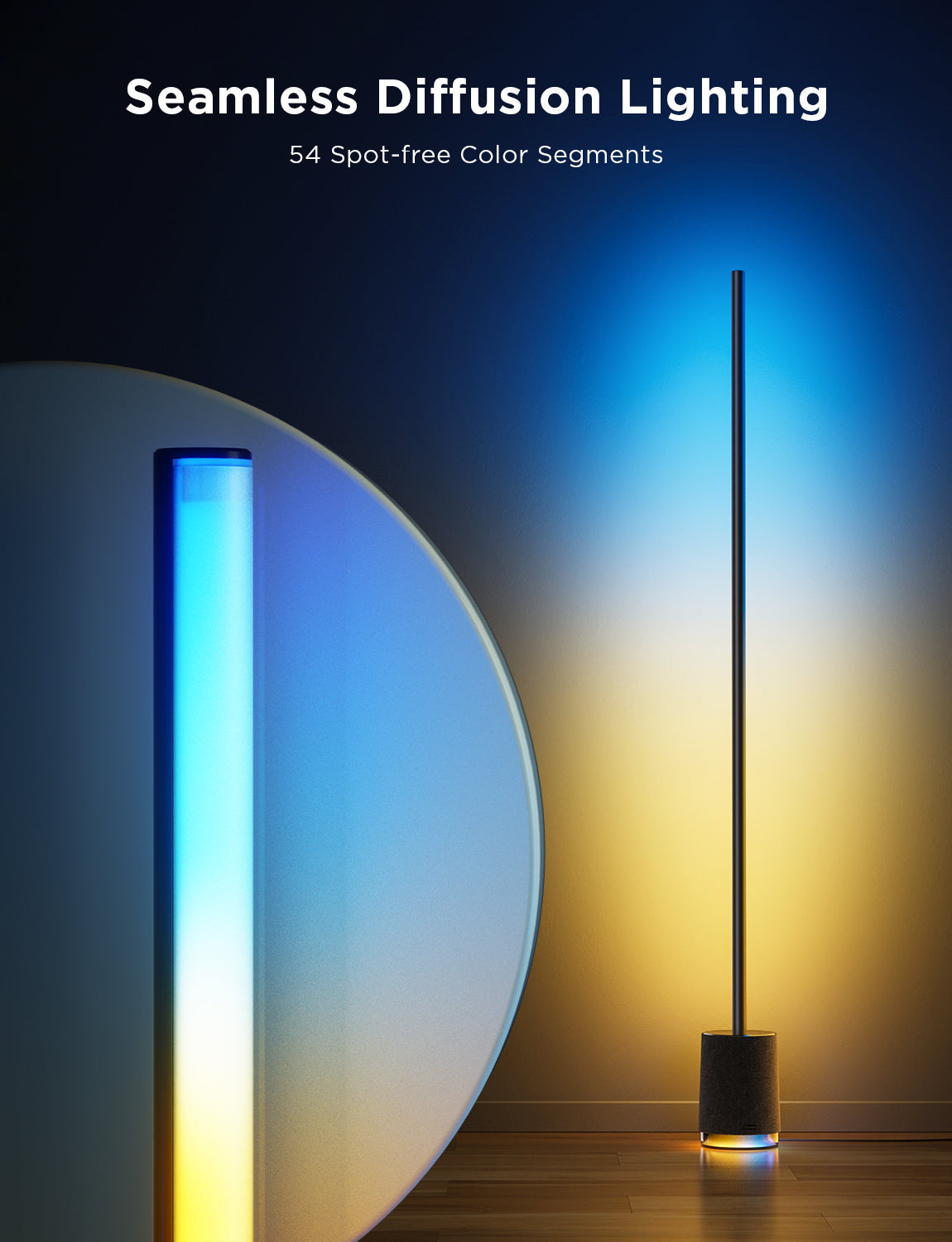 Tall color-diffused floor lamp with black base and glowing vertical RGB tube