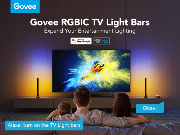 Govee RGBIC TV light bars on entertainment center, glowing gold and purple around the TV.