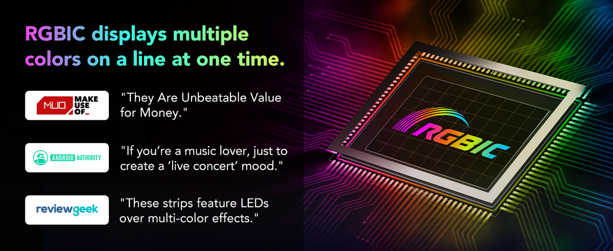 RGBIC LED chip and circuit board pattern showing multi-color effect