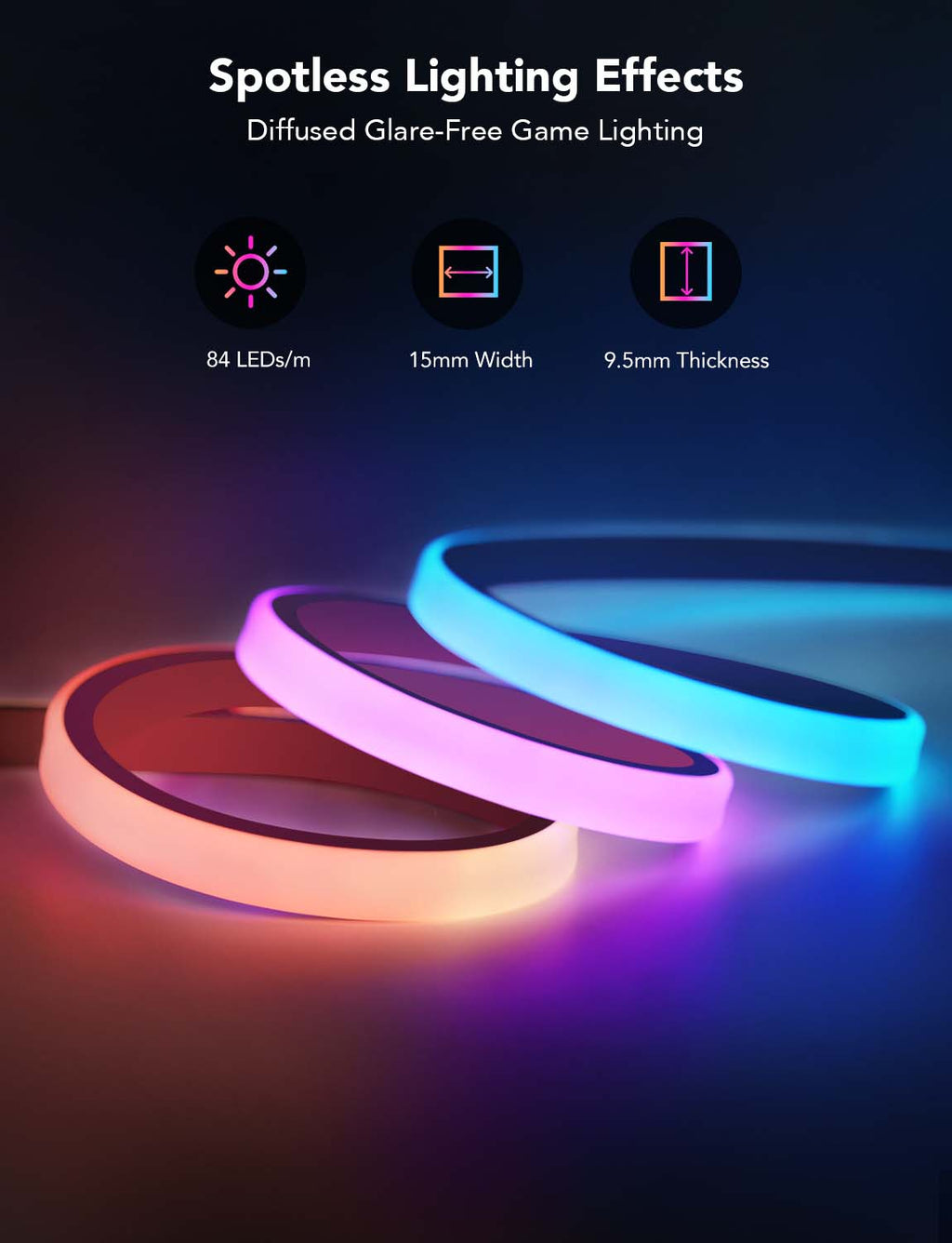 Govee RGB LED neon rope light close-up with purple and blue glow