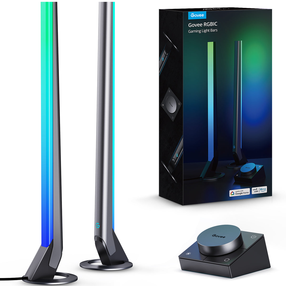 RGBIC gaming light bars with smart controller, twin pack set standing upright.