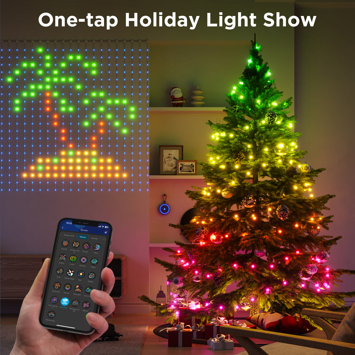 RGB LED curtain lights displaying a one-tap holiday pattern beside a lit Christmas tree