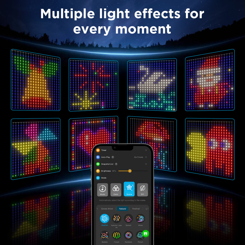 RGBIC LED curtain lights with multiple animated light effects shown on app UI