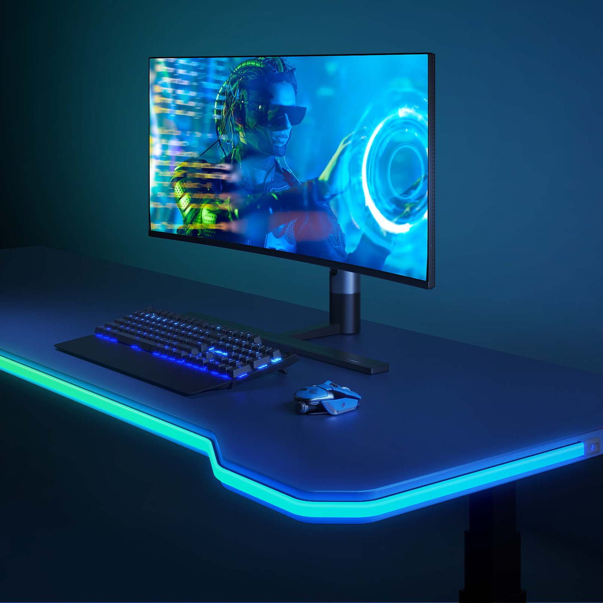 Blue RGB LED neon desk light strip under monitor and along desktop edge