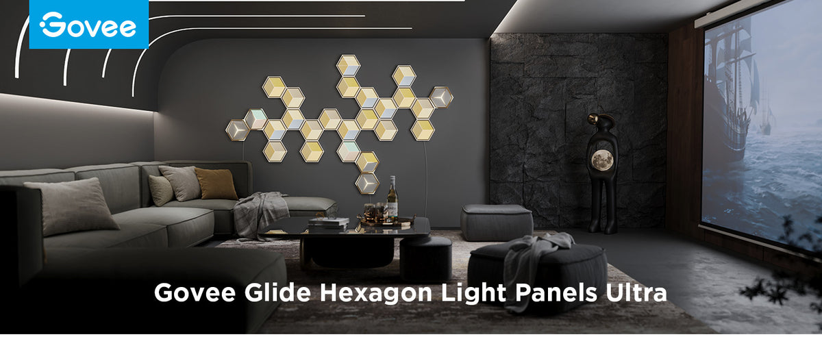 Hexagon RGB LED light panels mounted on wall above fireplace in a living room