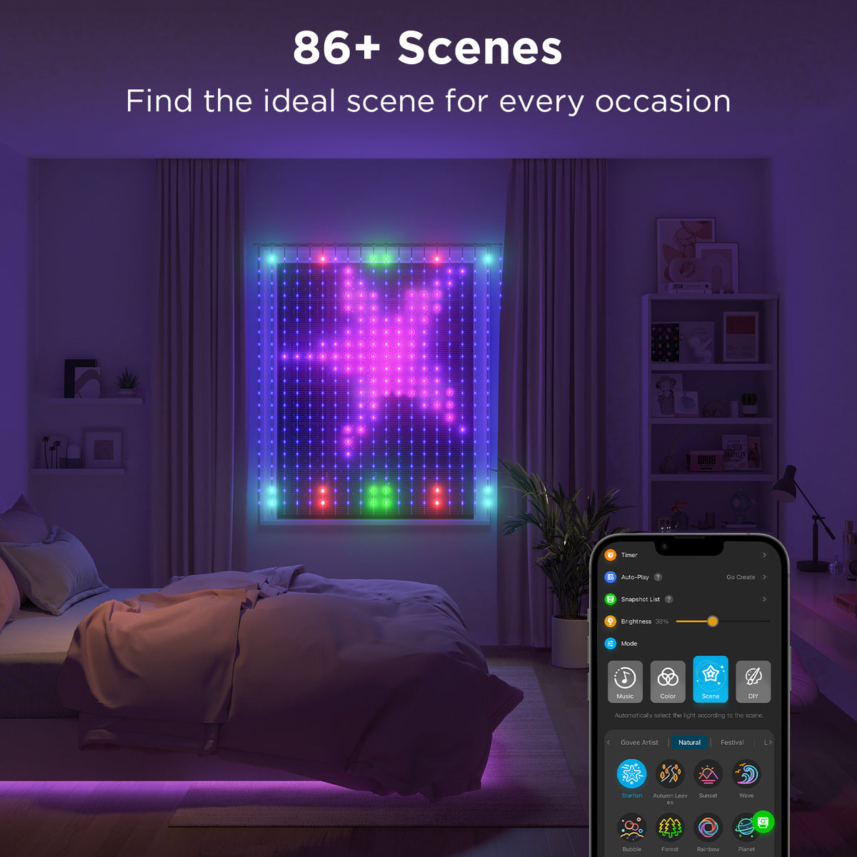 RGBIC LED curtain lights with preset scenes, bright centered dot glow through curtains
