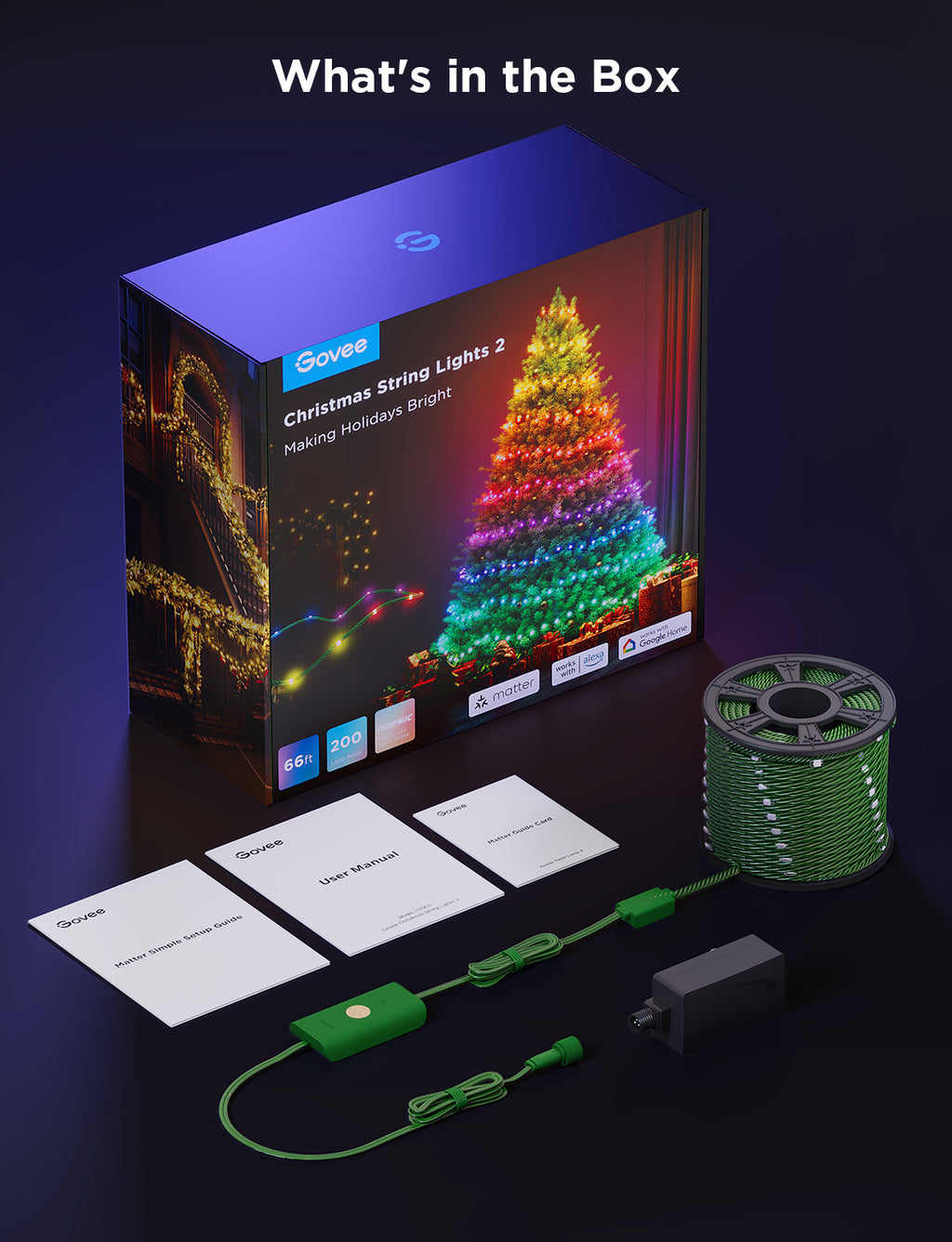 Christmas string lights 2 box contents: LED reel, connectors, control cables, cards