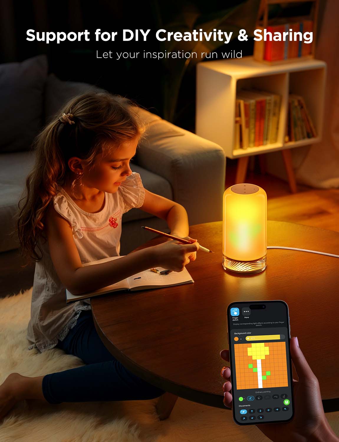 RGB smart table lamp with warm orange glow and a child using a smartphone