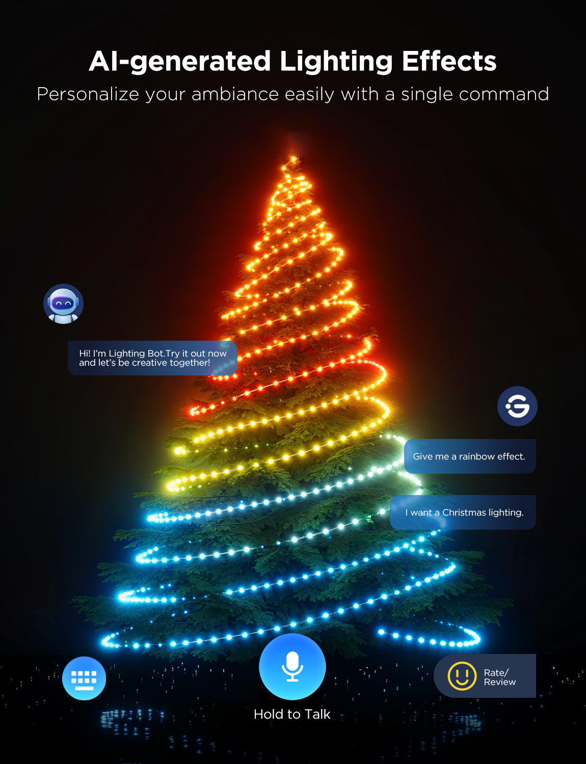 RGBICW LED Christmas tree string lights with rainbow gradient color effect