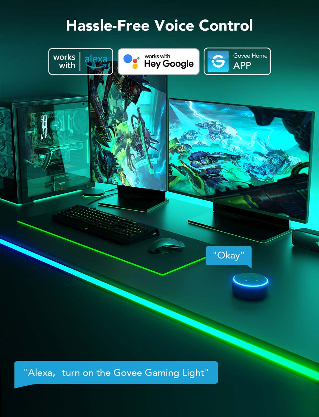RGB desk light strip with voice control setup showing app and assistant icons