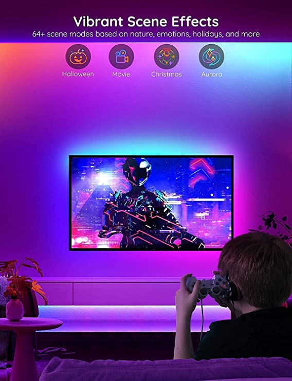 RGBIC LED strip light showing vibrant scene colors beside a wall-mounted TV