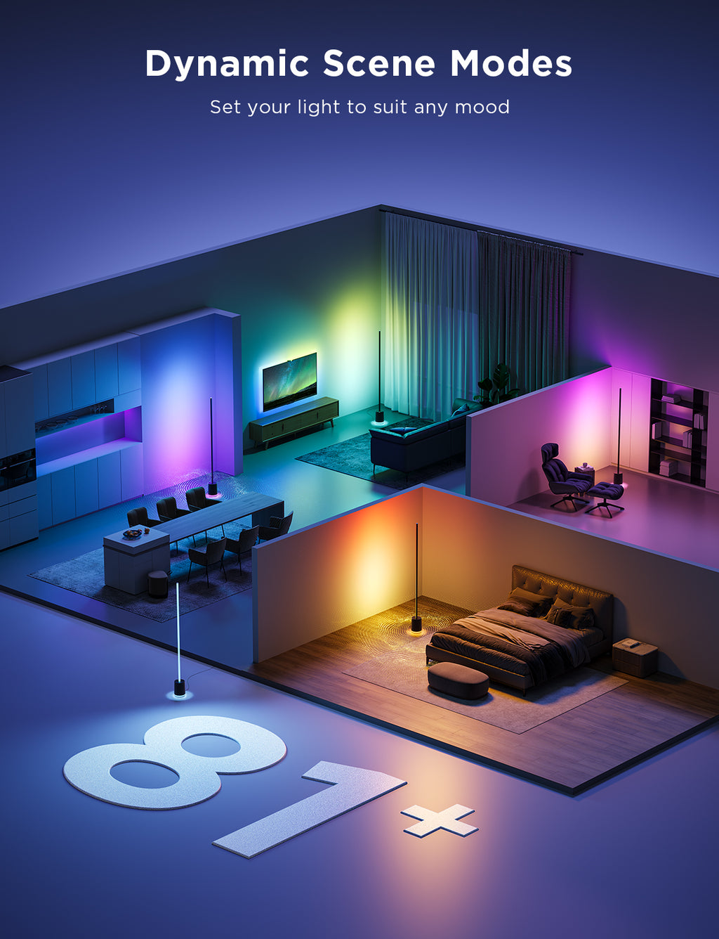 Color-scenario RGB floor lamp with black base and glowing vertical light pole