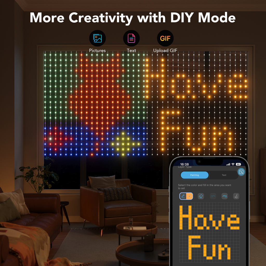 RGB LED curtain light panels with grid dot patterns controlled by a smartphone app