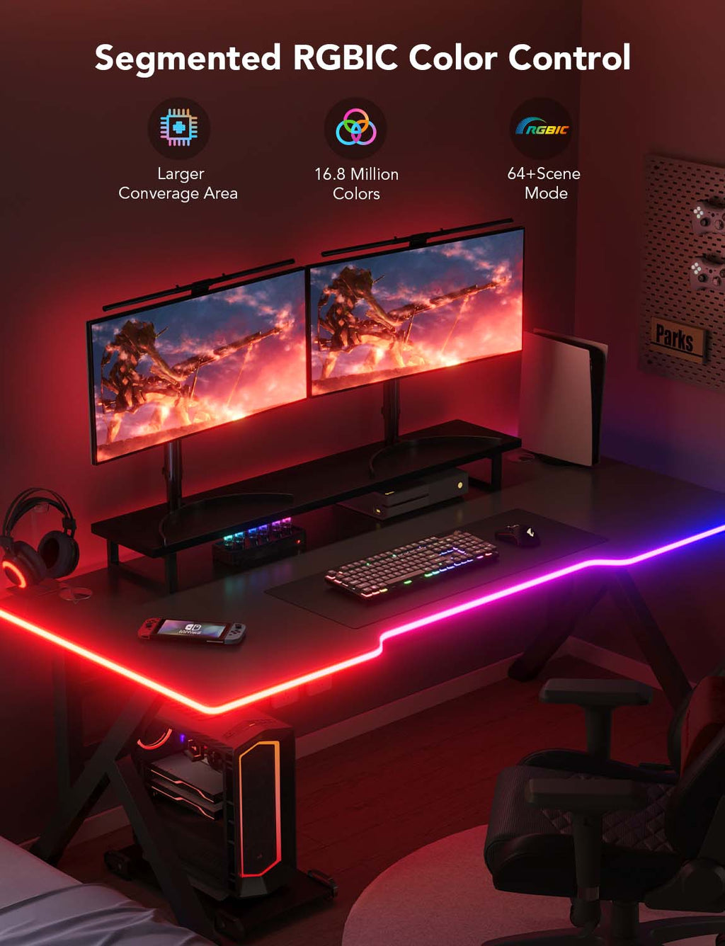 RGBIC segmented LED neon desk light forming a bright border around the desk