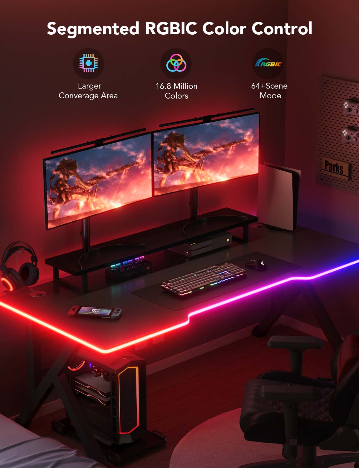 RGBIC segmented LED neon desk light forming a bright border around the desk