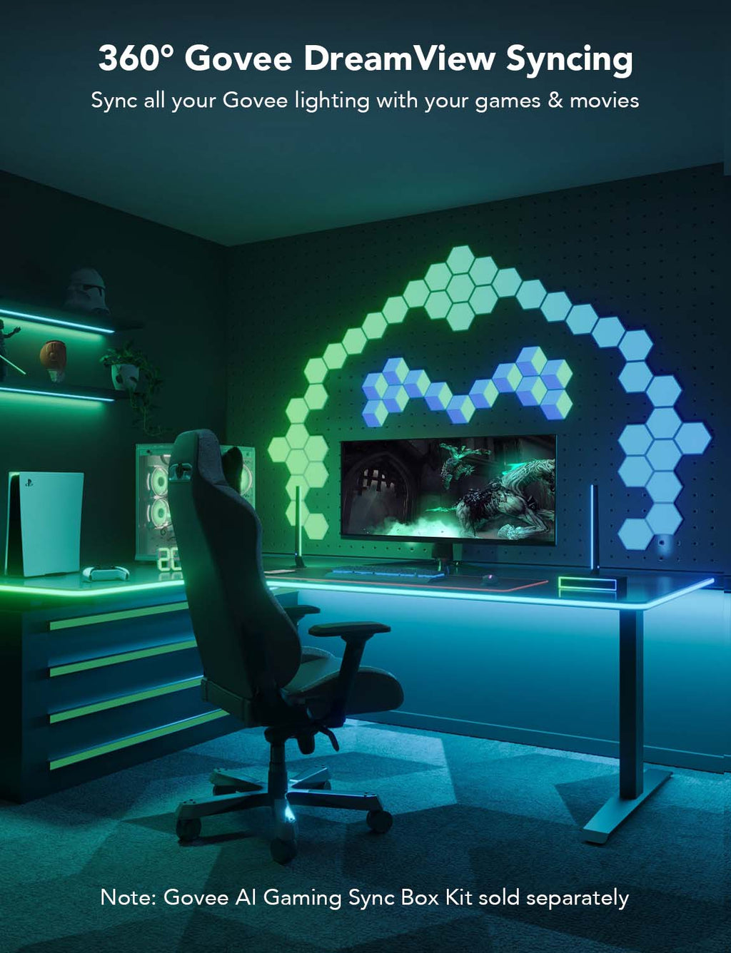 360° Govee DreamView sync neon lighting creating a hexagon pattern behind the desk