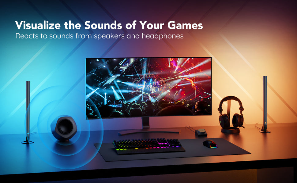 RGBIC gaming light bars beside a monitor with speakers and headphones in view.