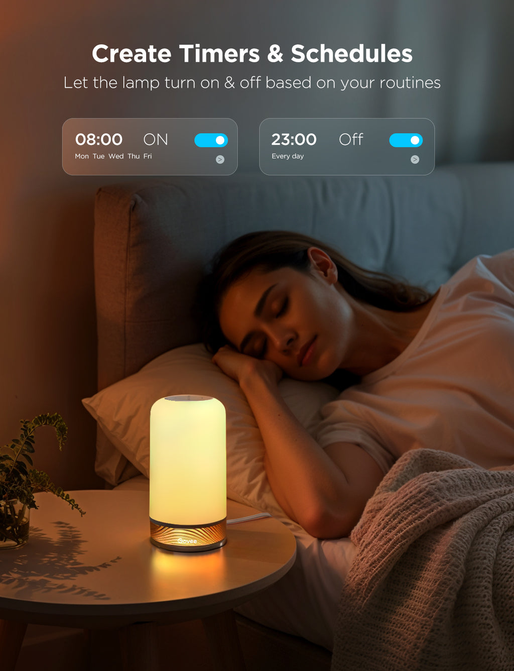 RGB smart table lamp on a bedside table with soft warm light