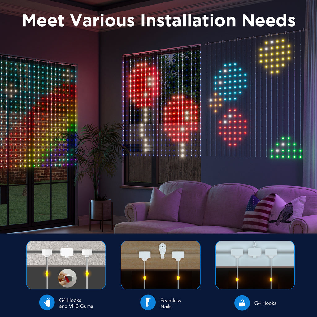 RGBIC LED curtain lights showing bright pixel patterns on window panels