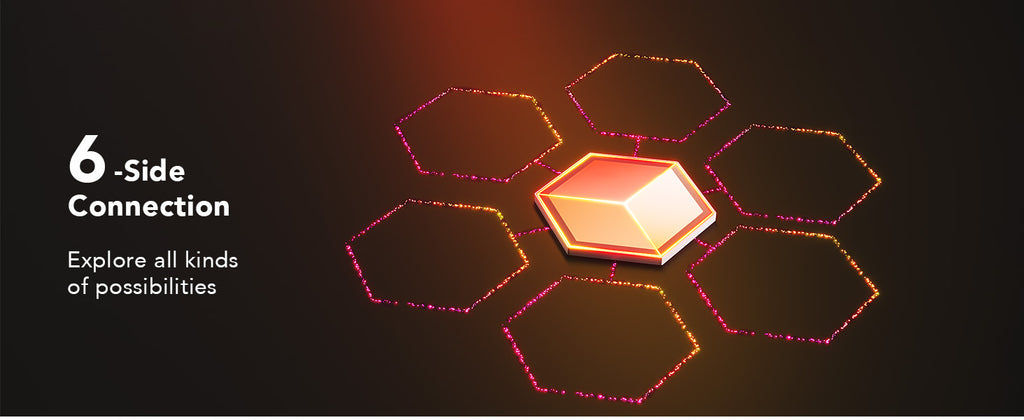 Hexagon LED panel system diagram showing side connections with RGB outline lights
