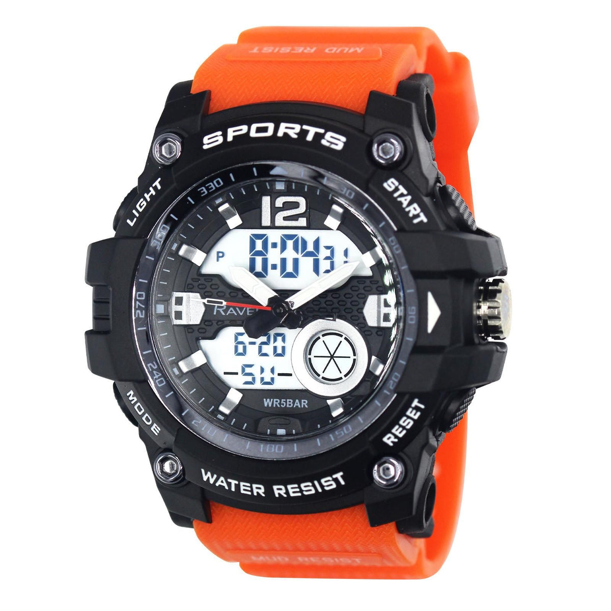 Orange and black sports watch with dual time digital display and silicone strap