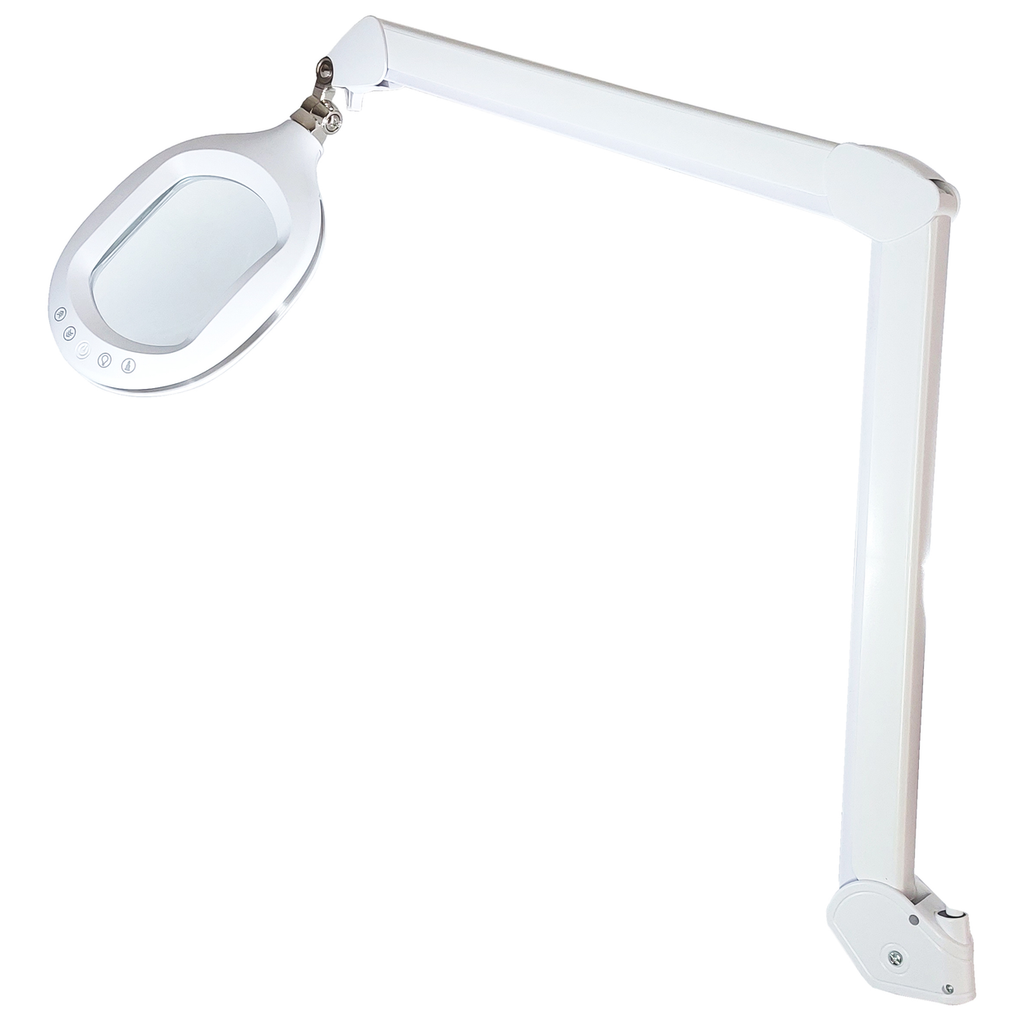 White LED wide lens magnifier with desk clamp and adjustable arm