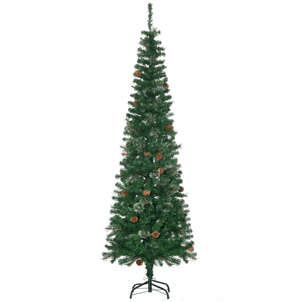 6.5 ft slim green artificial Christmas tree with pine cones and brown accents