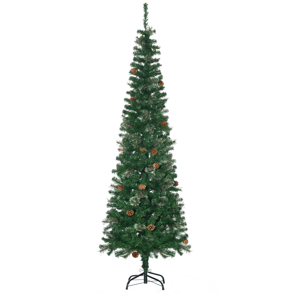 6.5 ft slim green artificial Christmas tree with pine cones and brown accents