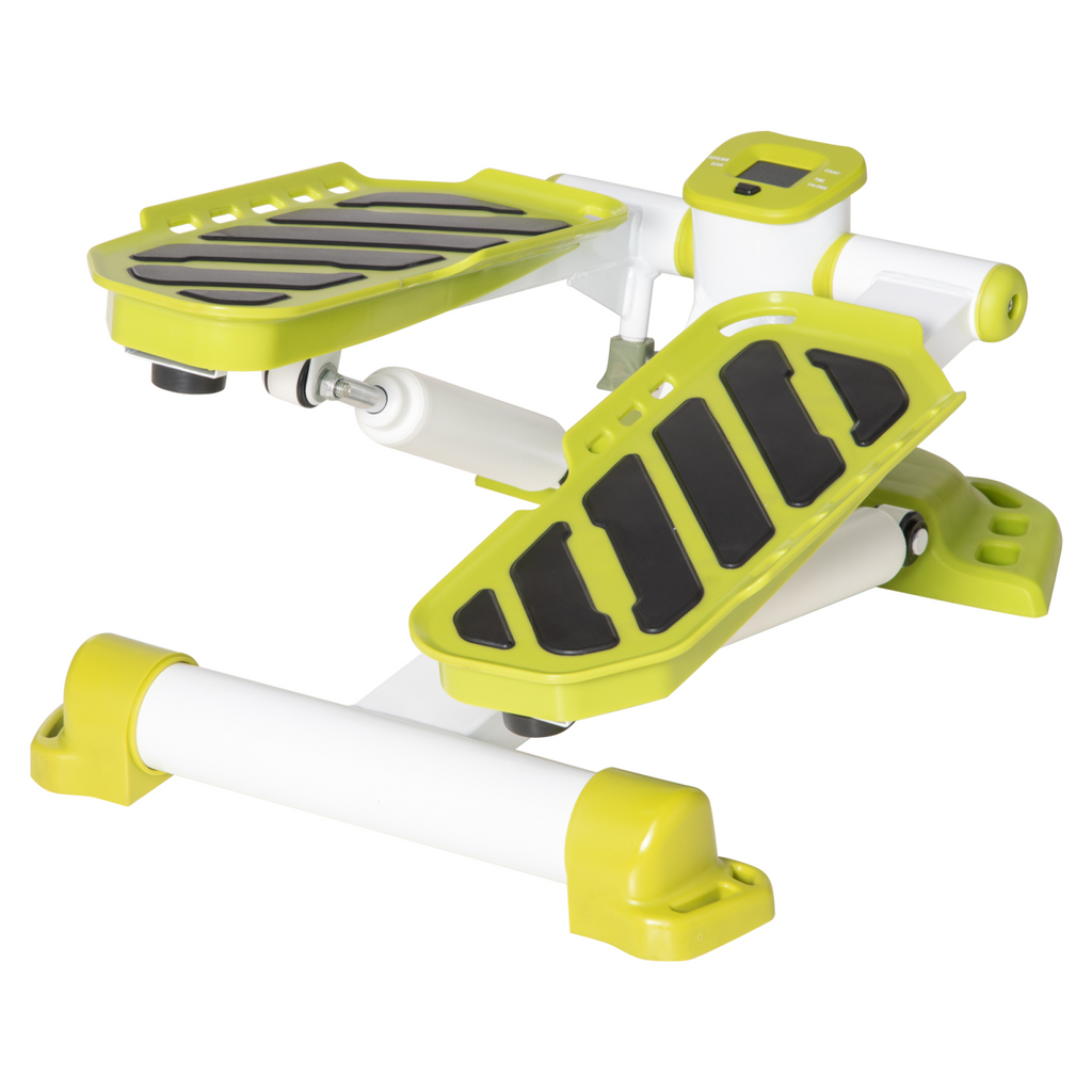 Yellow portable mini stepper with white frame, LCD console, and two black pedal platforms